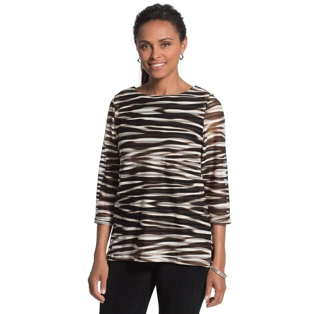 Chico's Travelers Zebra Stripe Top Brown Sheer Mesh Blouse Size 2 Large